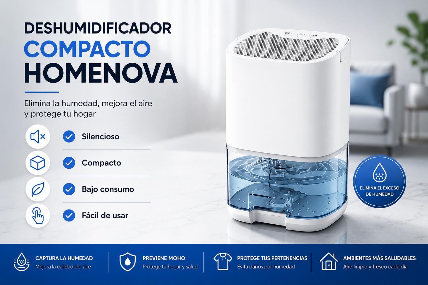 Deshumidificador Compacto Inteligente para Hogar | HomeNova