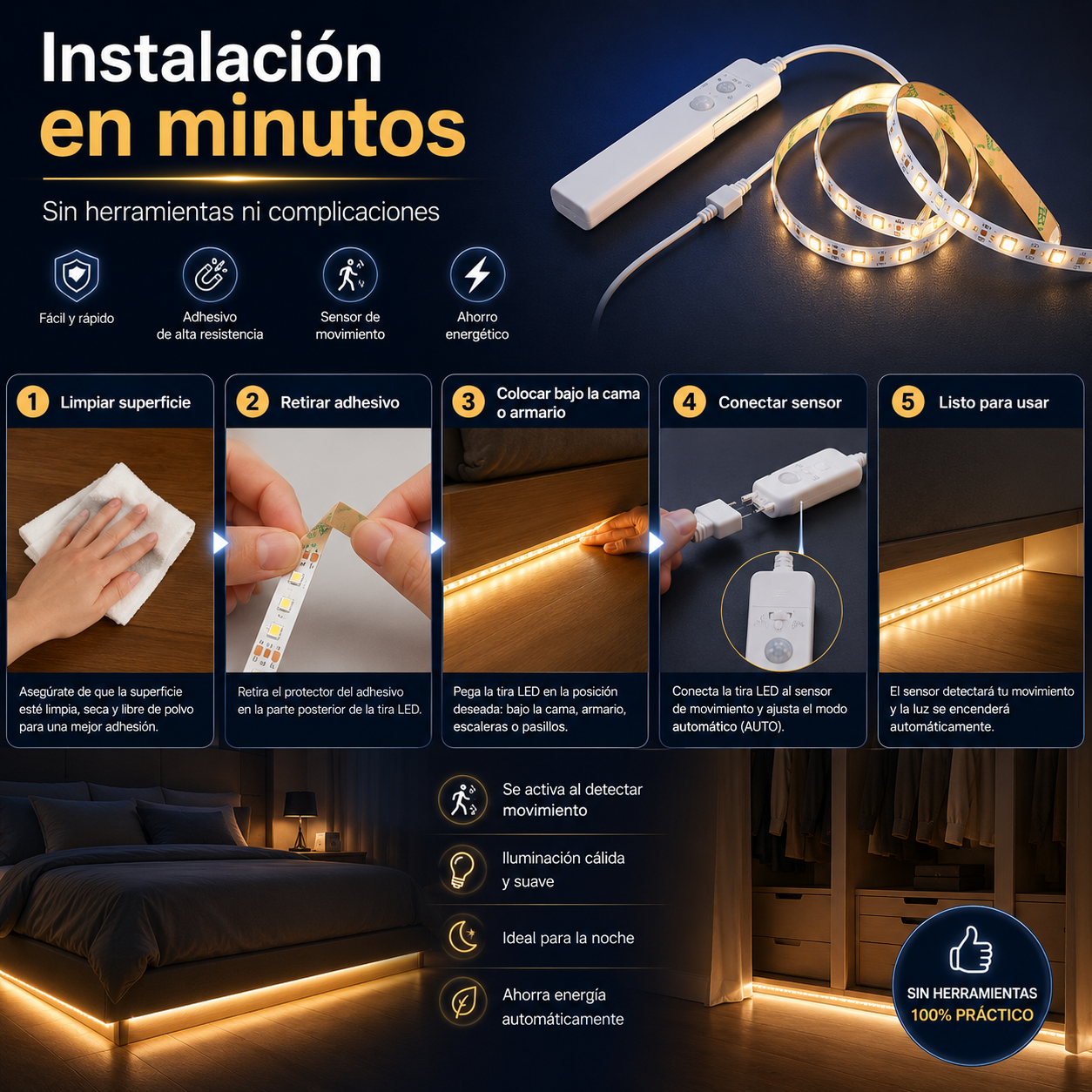Luz LED con Sensor de Movimiento para Cama | HomeNova